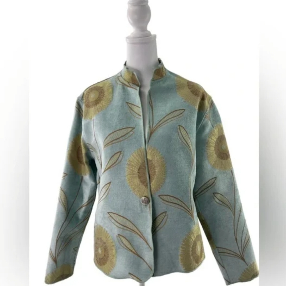 Khangura Womens Reversible Blazer Jacket in Blue Sunflower Art To Wear Sz Medium